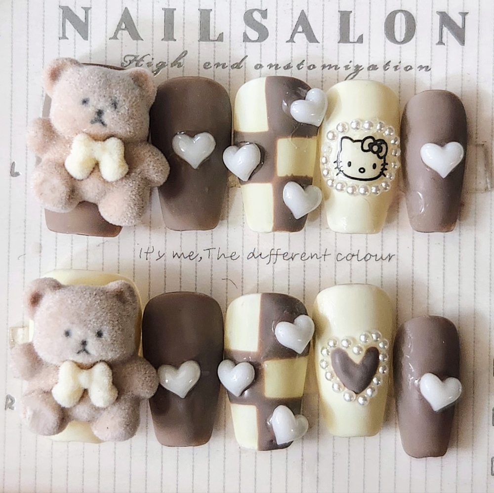 Hello Kitty Press On Nails. Hk Teddy Bear Fake Nails.